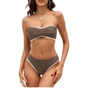 ZAFUL‎ Women's Strapless Bikini Set Textured Color Bandeau Bikini size L 
A-407